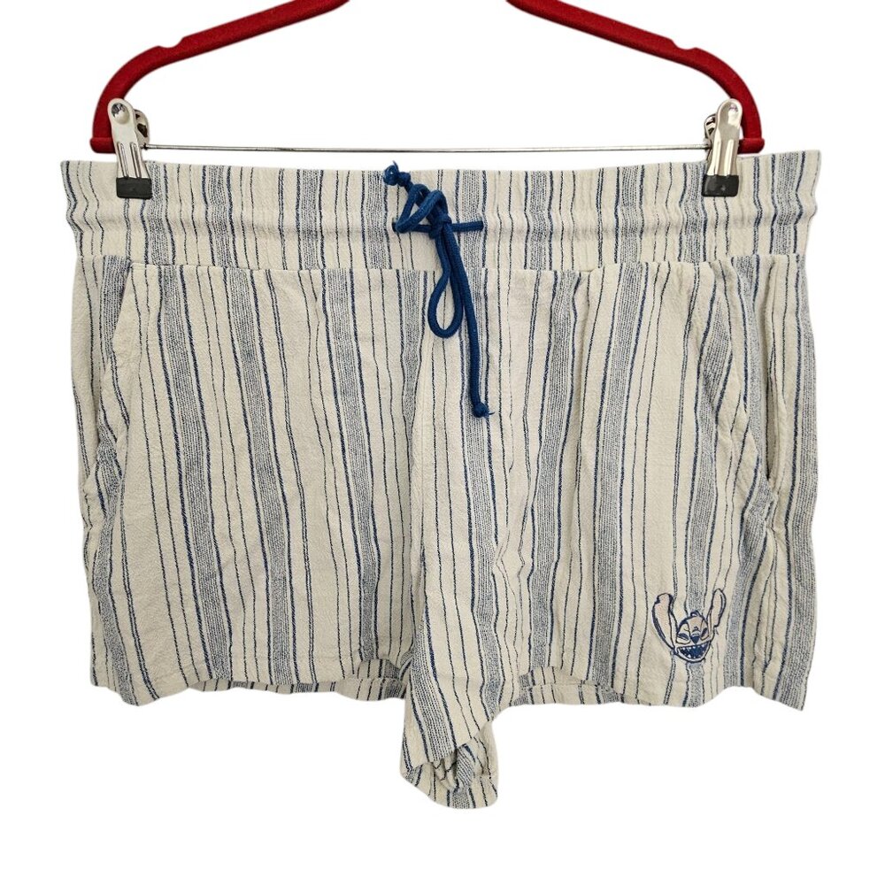 Disney Stitch Blue White Striped Linen Drawstring Shorts  Size XL